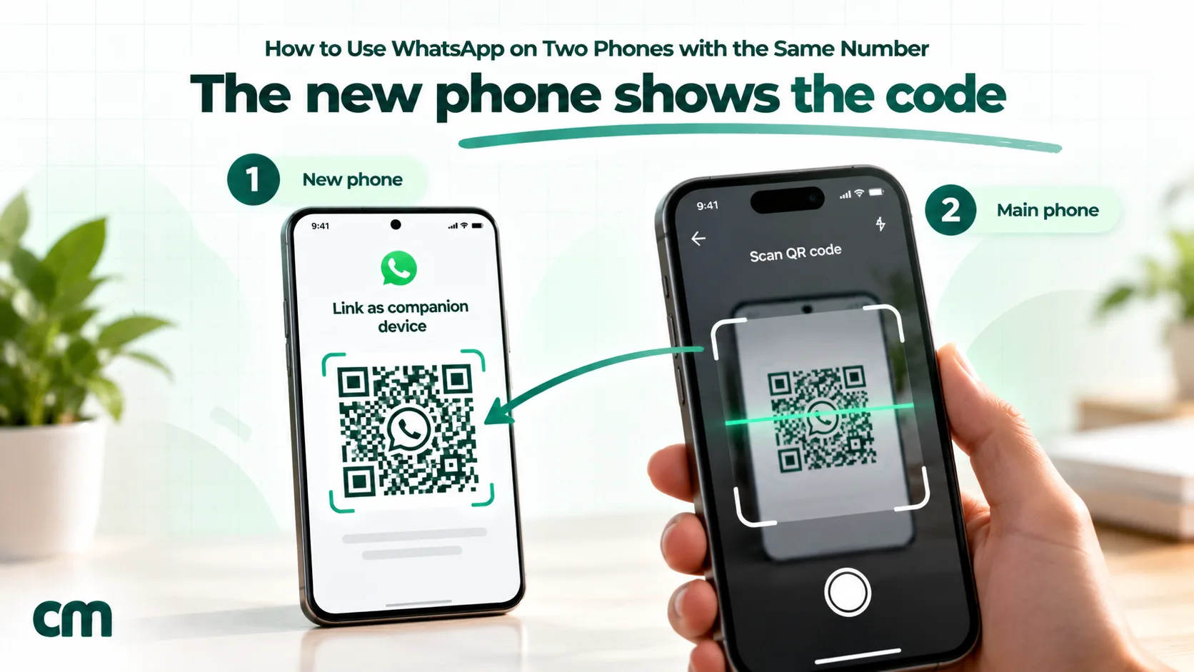 Two phones side by side: the new phone on the left shows a QR code under the words Link as companion device, and the main phone on the right scans it, with an arrow from the main phone to the new one