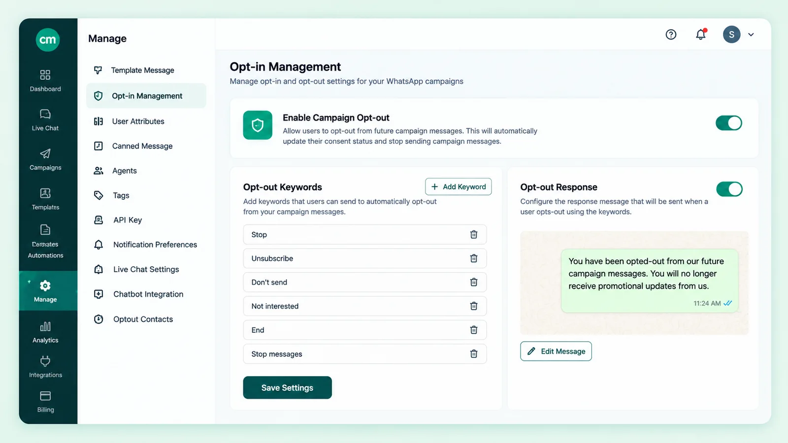 Opt-in management settings with a campaign opt-out toggle, a list of opt-out keywords and the confirmation message sent when a customer opts out