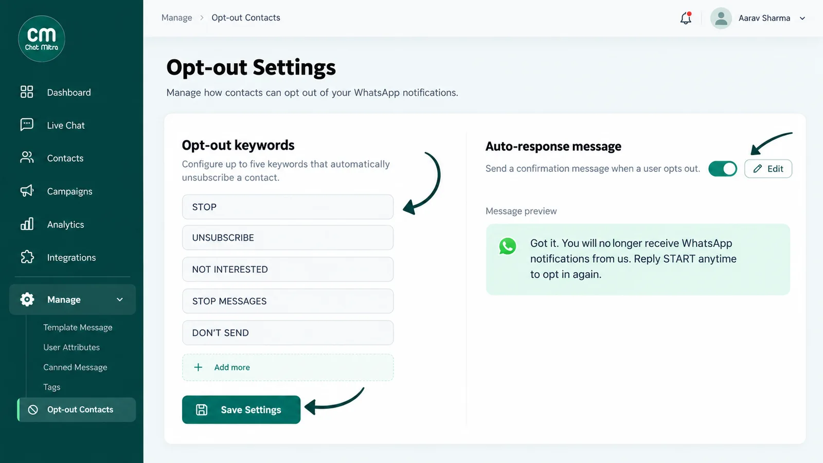 Opt-out settings with keywords such as STOP, UNSUBSCRIBE and NOT INTERESTED, and an auto-response confirming the customer will no longer receive WhatsApp notifications