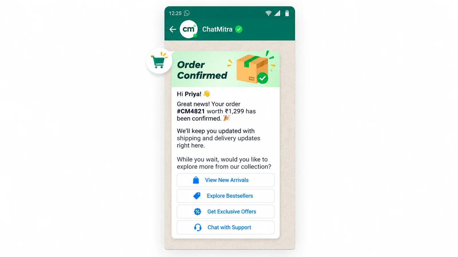 WhatsApp order confirmation for an order worth ₹1,299 that also asks the customer to explore more, with buttons to view new arrivals, explore bestsellers, get exclusive offers and chat with support