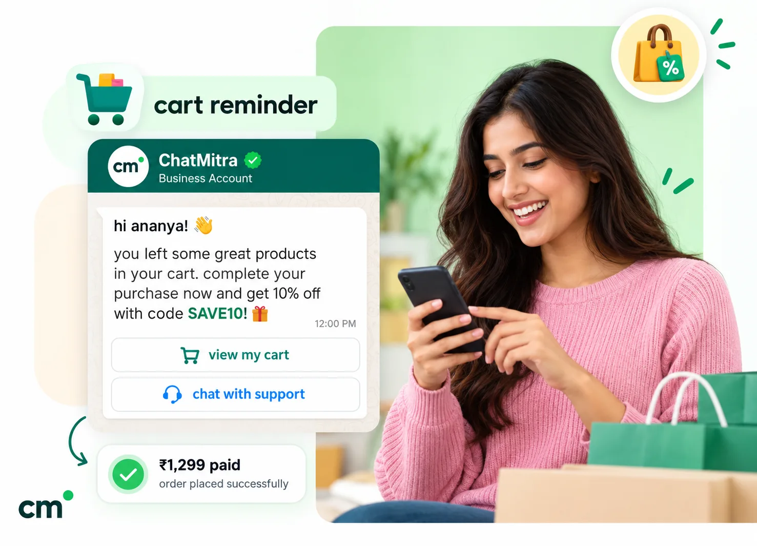 WhatsApp cart reminder offering 10% off with the code SAVE10, with buttons to view the cart and chat with support, followed by a paid order confirmation