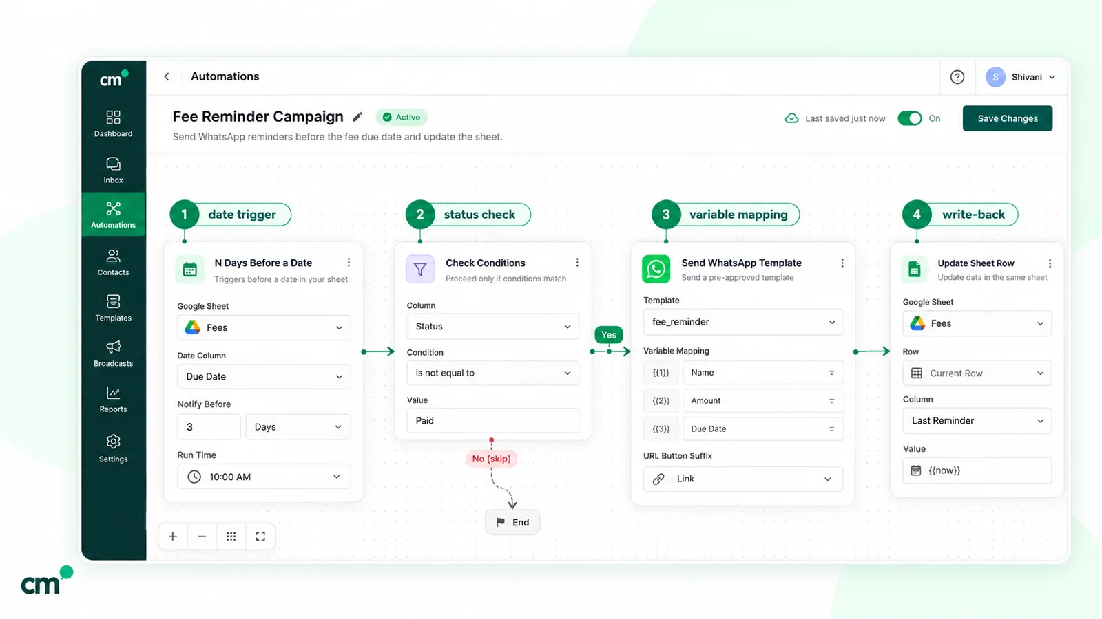 ChatMitra automation builder with an N days before a date trigger on a Google Sheet, a check conditions step for unpaid rows, a send WhatsApp template action and an update sheet row action