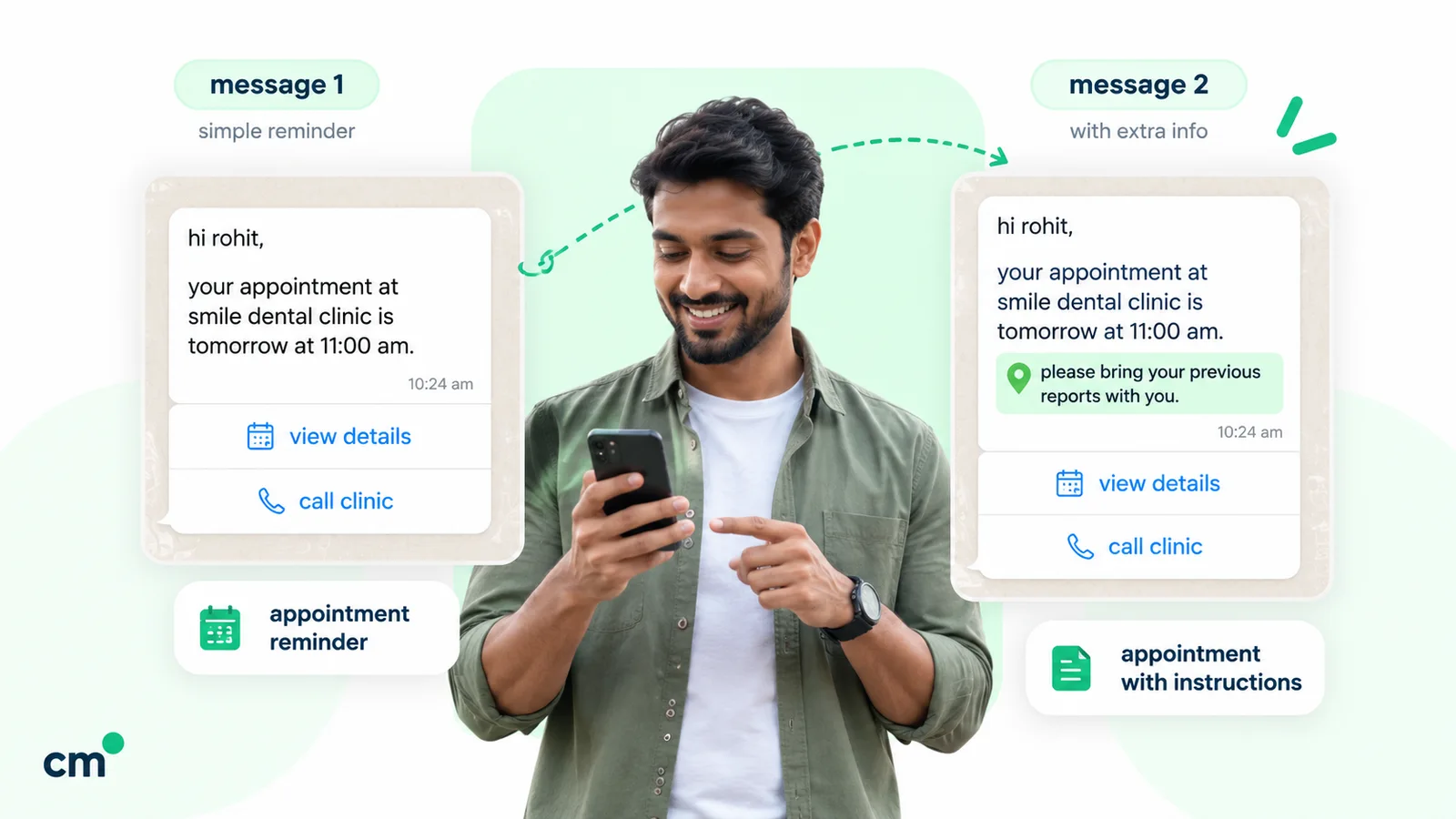 Two WhatsApp appointment reminders from a dental clinic: a simple reminder with the date and time, and the same reminder with an instruction to bring previous reports, both with View details and Call clinic buttons
