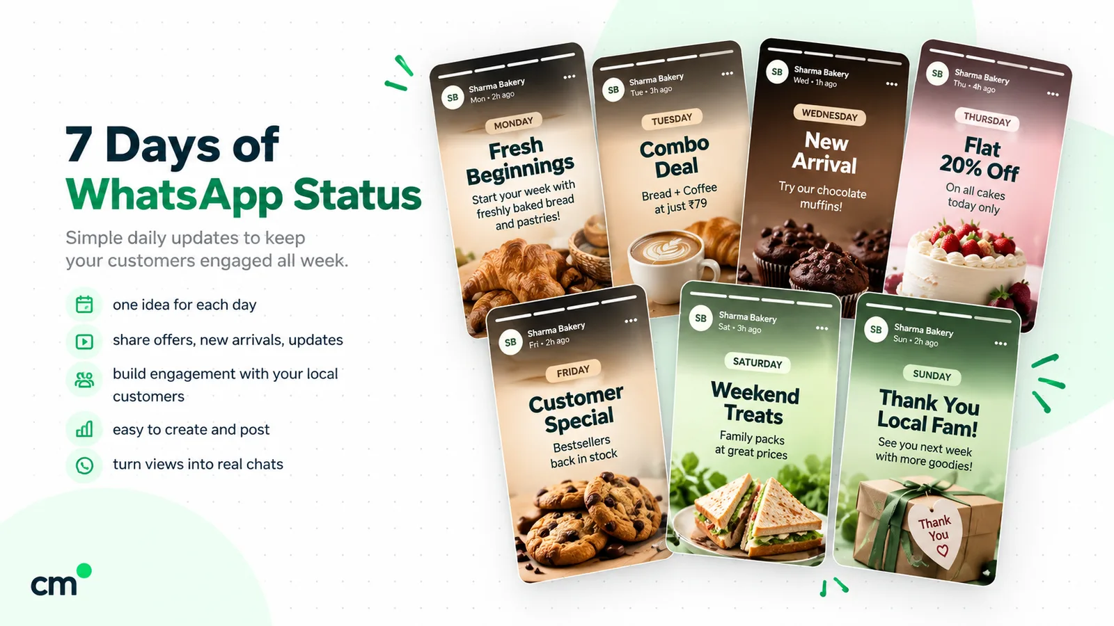 Seven WhatsApp Status posts for a fictional bakery, one for each day: fresh bread on Monday, a combo deal, a new arrival, a cake offer, bestsellers back in stock, weekend family packs and a Sunday thank-you