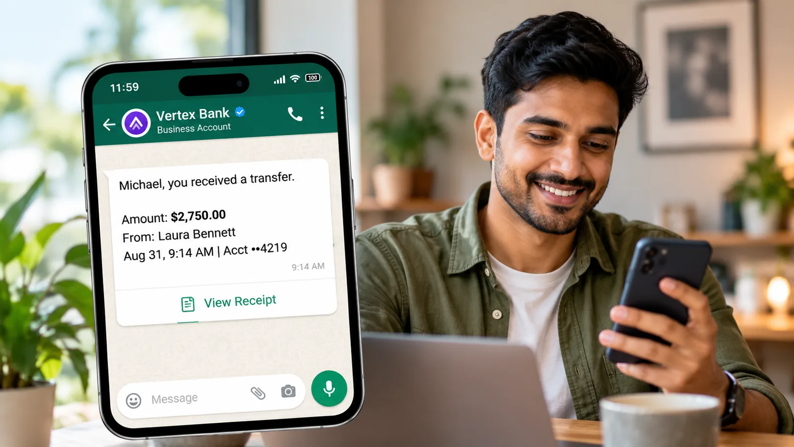 A man smiling at his phone next to a large phone screen showing a bank's WhatsApp utility message: a received transfer with the amount, sender and time, and a single View Receipt button