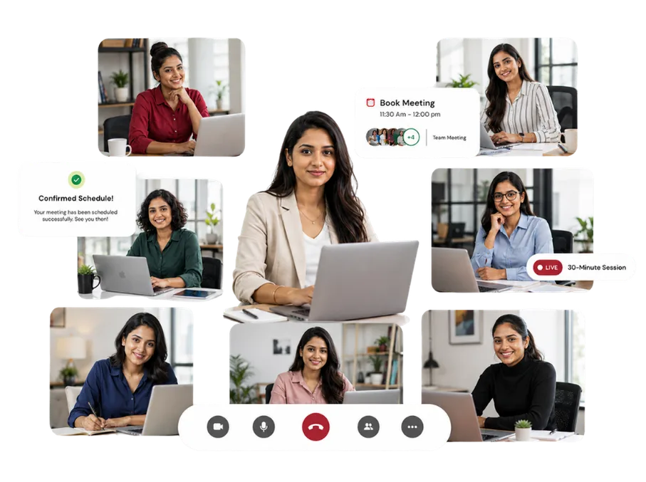 A ChatMitra product expert on a video call, with confirmed-schedule and live-session cards from the booking flow