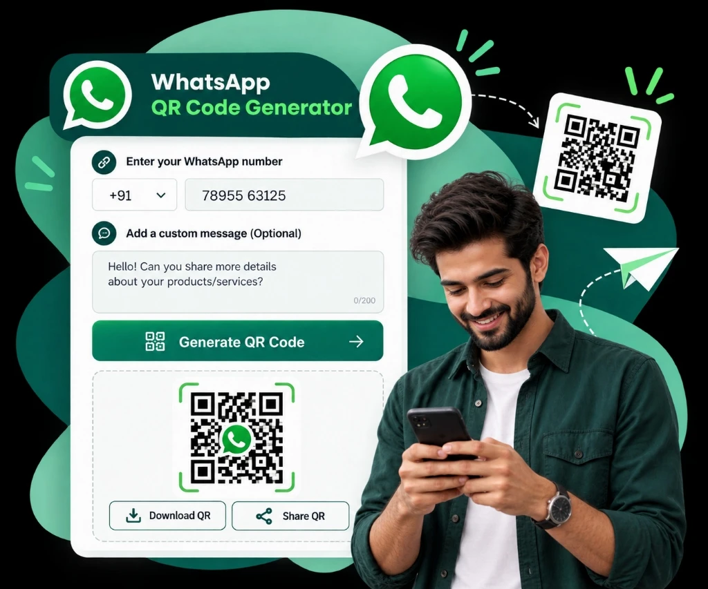WhatsApp QR Code Generator tool preview showing input and code