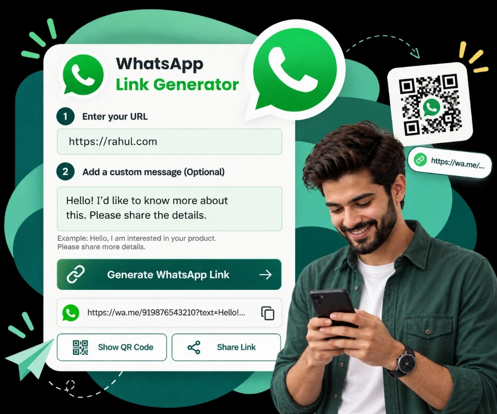 WhatsApp Link Generator interface preview with chat preview