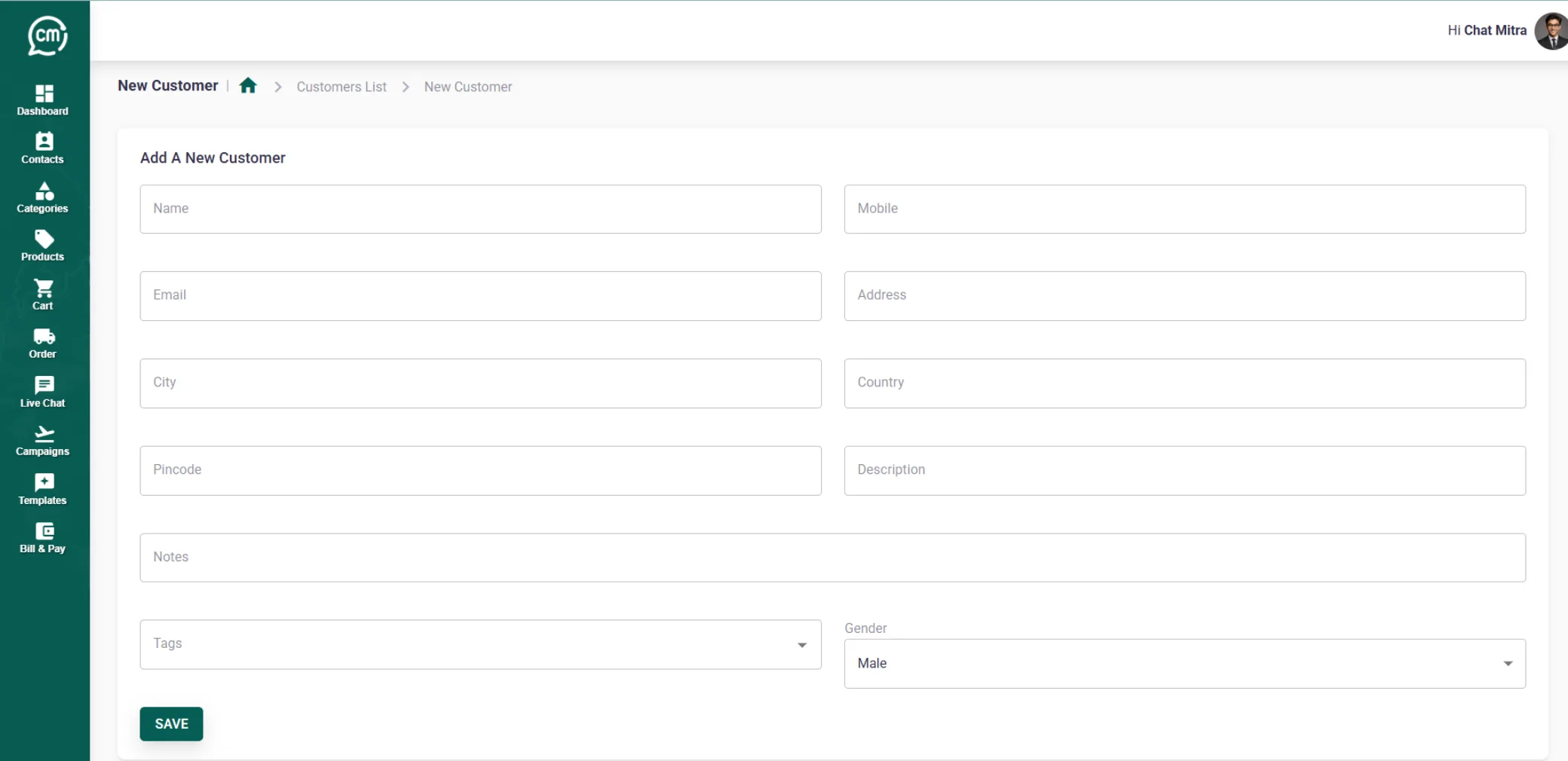 Add New Contact form in ChatMitra showing required fields