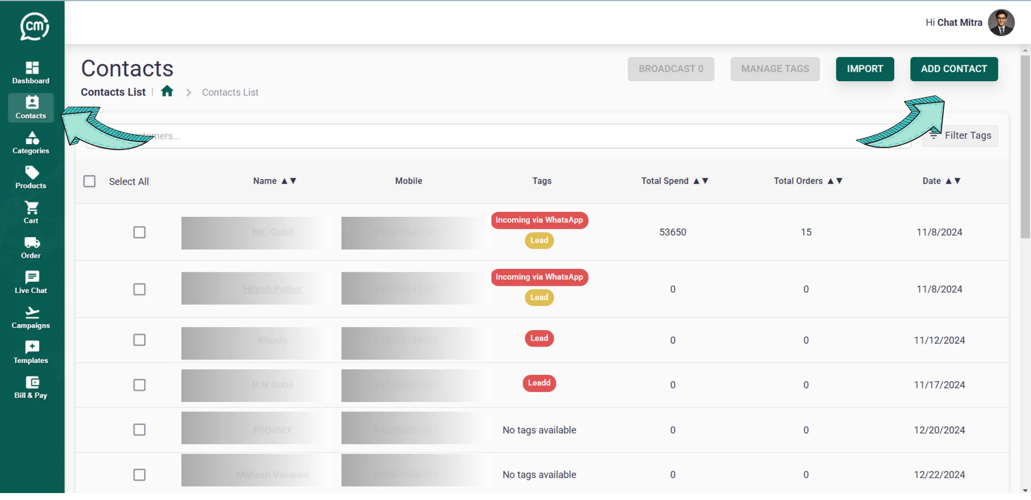 ChatMitra Contacts Page showing Add Contact button location