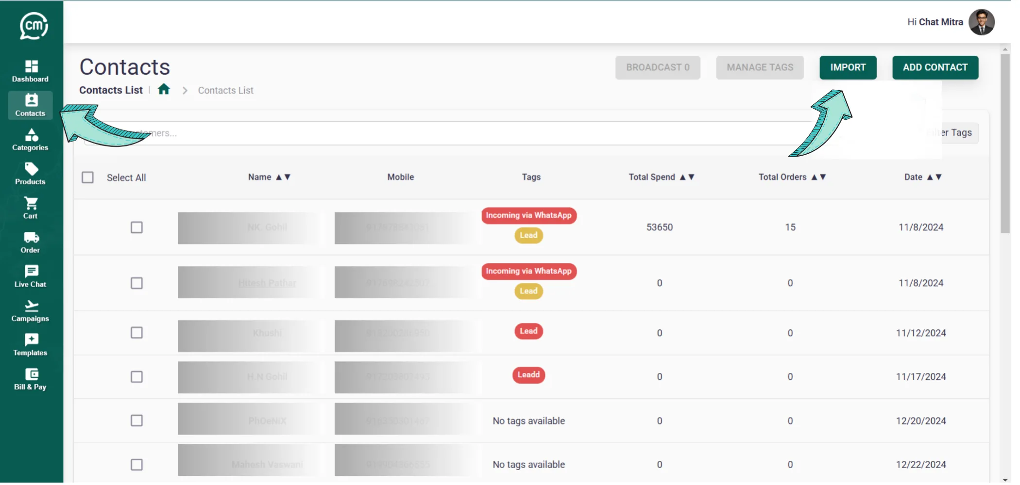 Click on the Import Button in ChatMitra Contacts Page