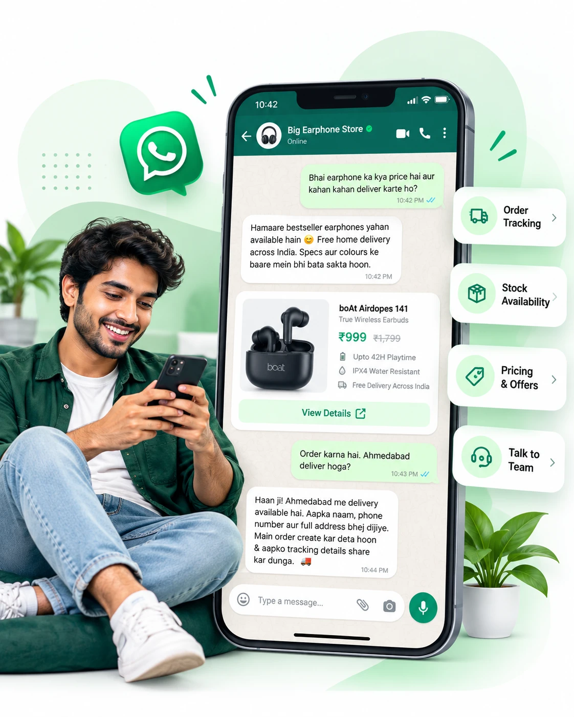 WhatsApp E-Commerce Chatbot showing automatic product browsing, price details, and order tracking