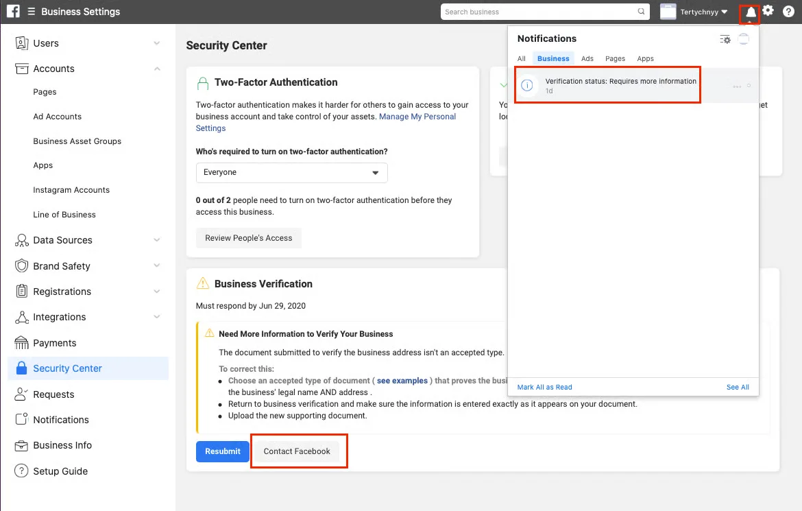 Meta Business Suite Security Centre showing a "Need more information to verify your business" notice with Resubmit and Contact Facebook buttons, and a "Verification status: Requires more information" alert