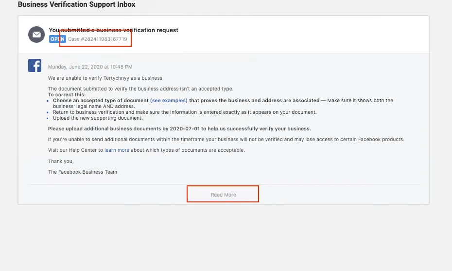 Business Verification Support Inbox message saying the business could not be verified because the submitted document type wasn't accepted, with steps to upload an accepted document by a given date