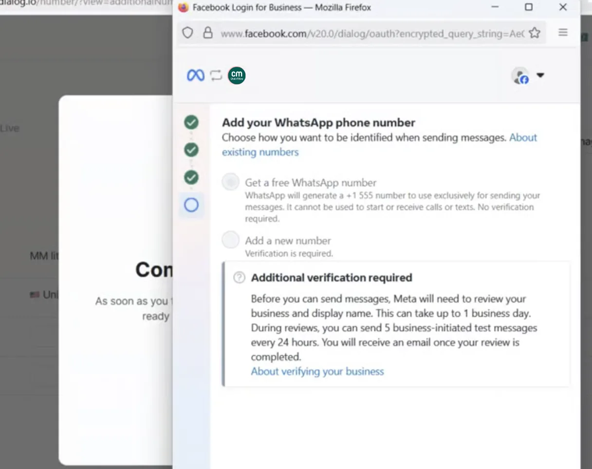 Embedded Signup screen to create a WhatsApp account and register a number