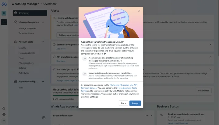 Signing the MM API Terms of Service for all eligible WABAs
