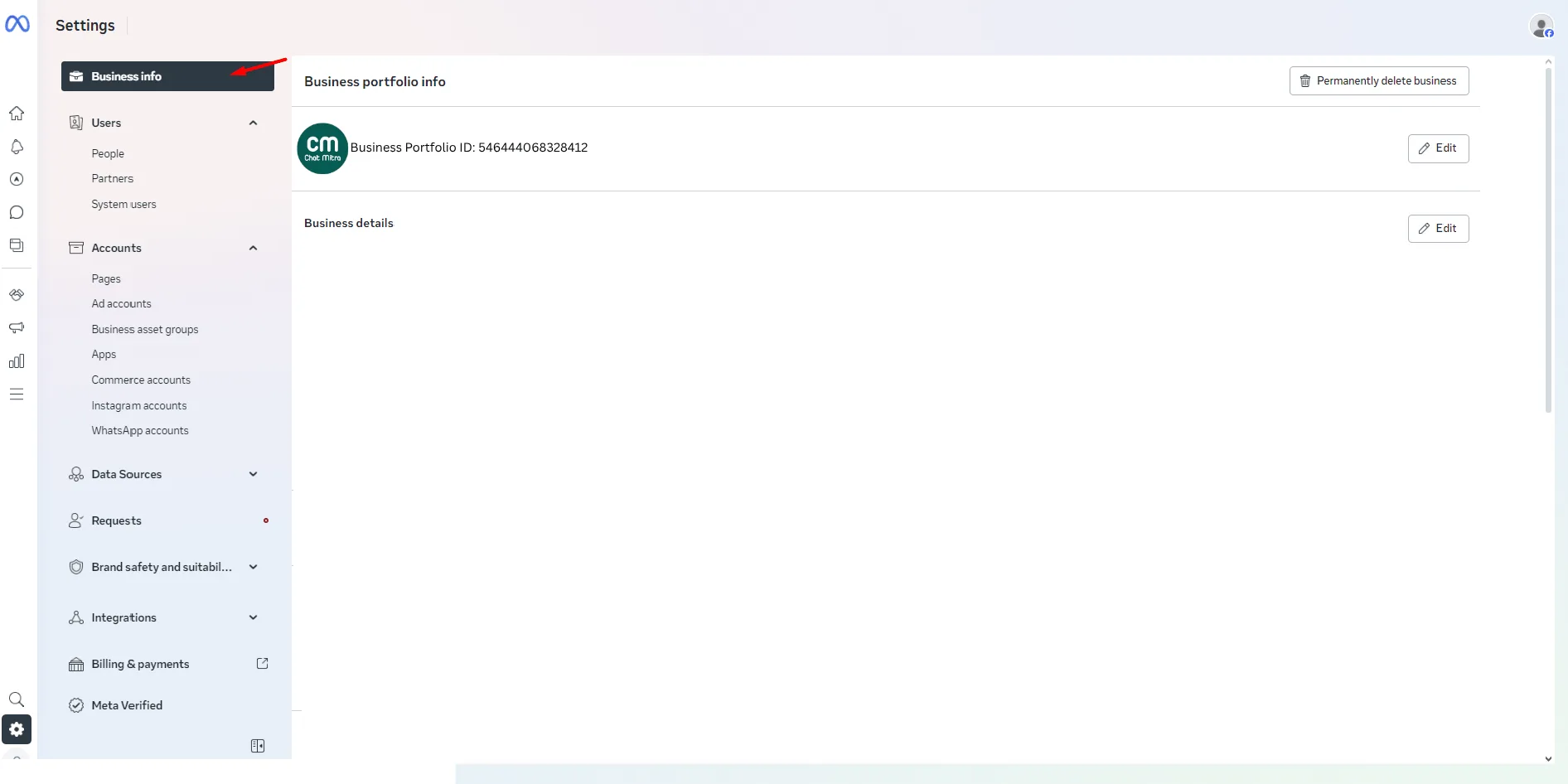 Business Info page in Meta Business Suite showing the Business portfolio ID at the top