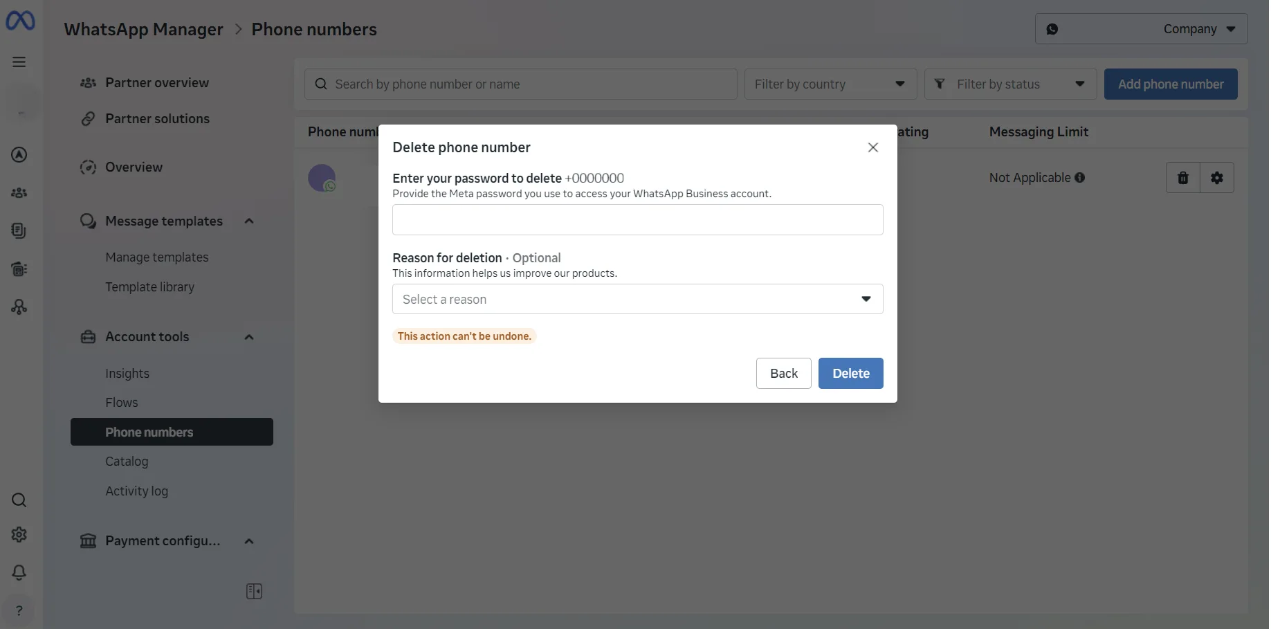 Removing a phone number from WhatsApp Manager