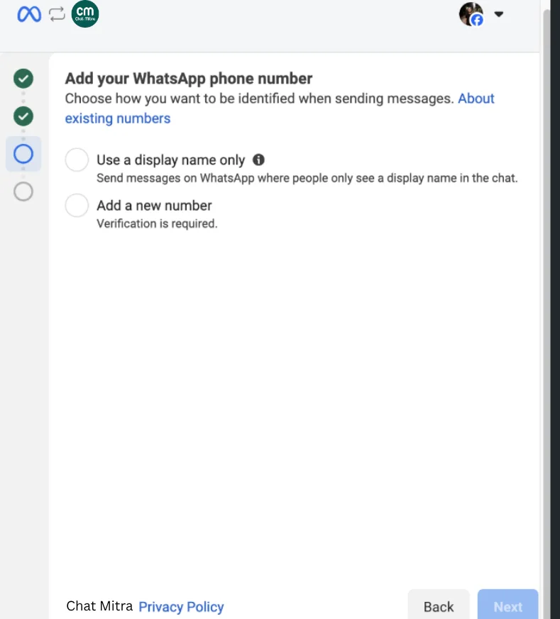 The Embedded Signup screen offering the "use a display name only" option