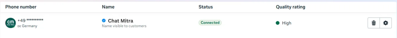 WhatsApp Manager Phone Numbers list with the Quality rating column showing the status of each number