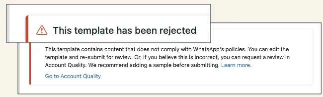 What to do after a template is rejected: fix the error, request a review, or create a new template