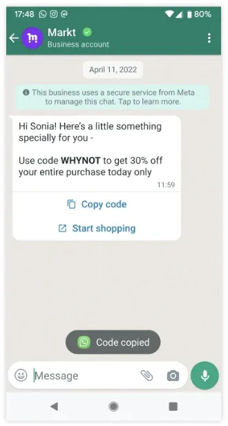A coupon code template message with a tap-to-copy code button