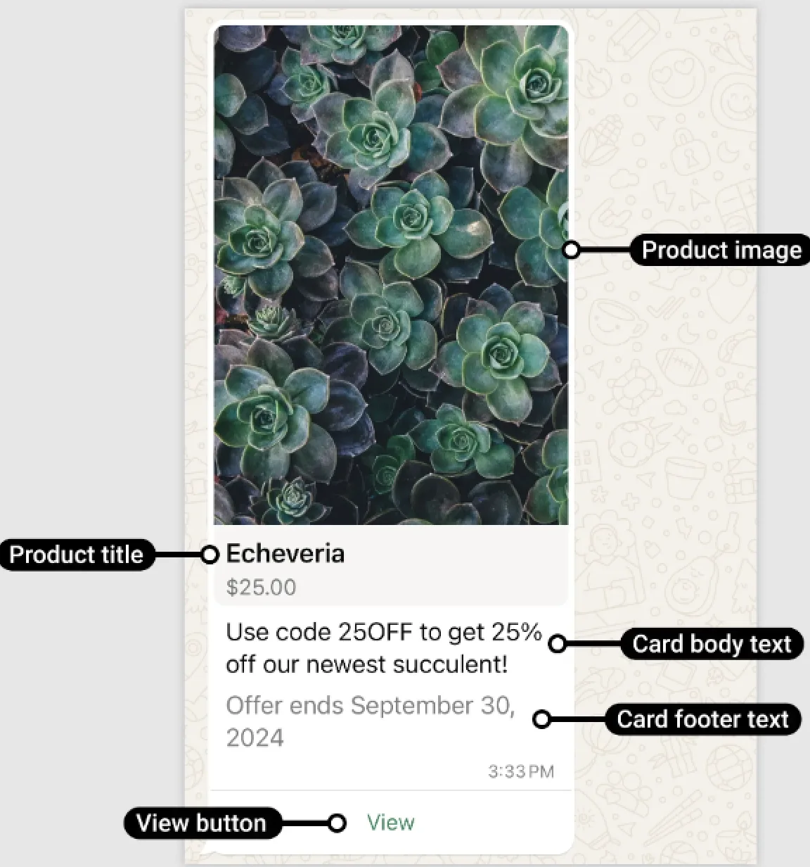 A single-product message template showing one product card with a View button