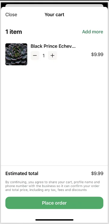 The customer manages cart items inside the chat