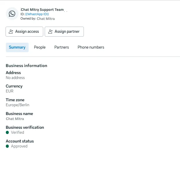 WhatsApp Business Account showing an Approved status