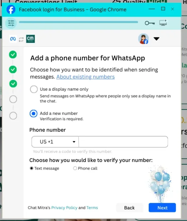 Adding your WhatsApp phone number in the Meta popup