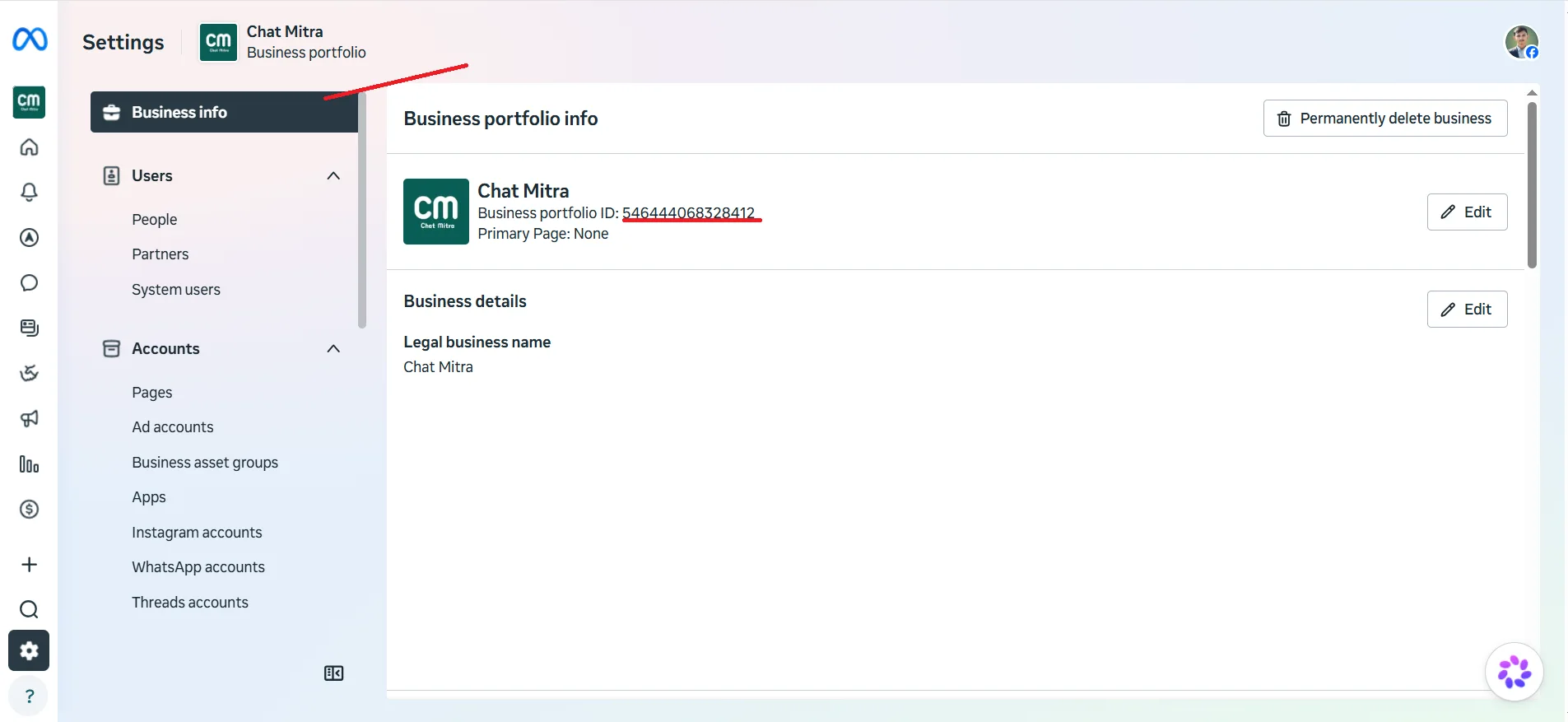 Business Portfolio ID in Meta Business Suite settings