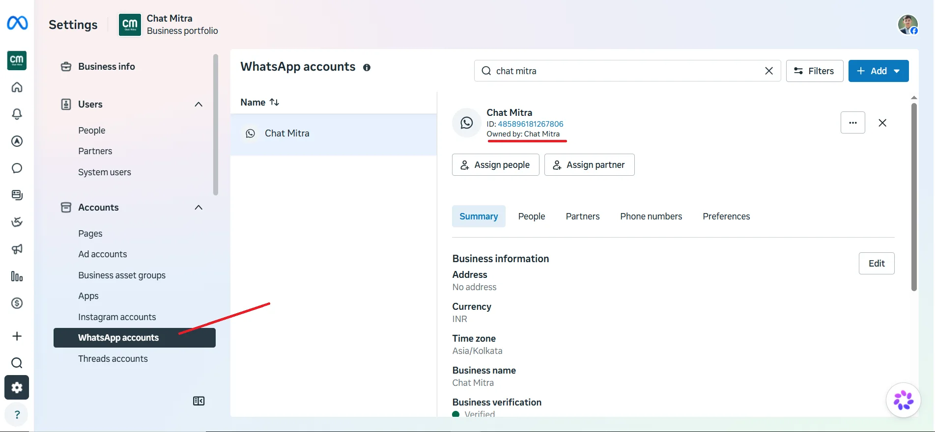 WhatsApp Manager showing the portfolio name and WABA ID