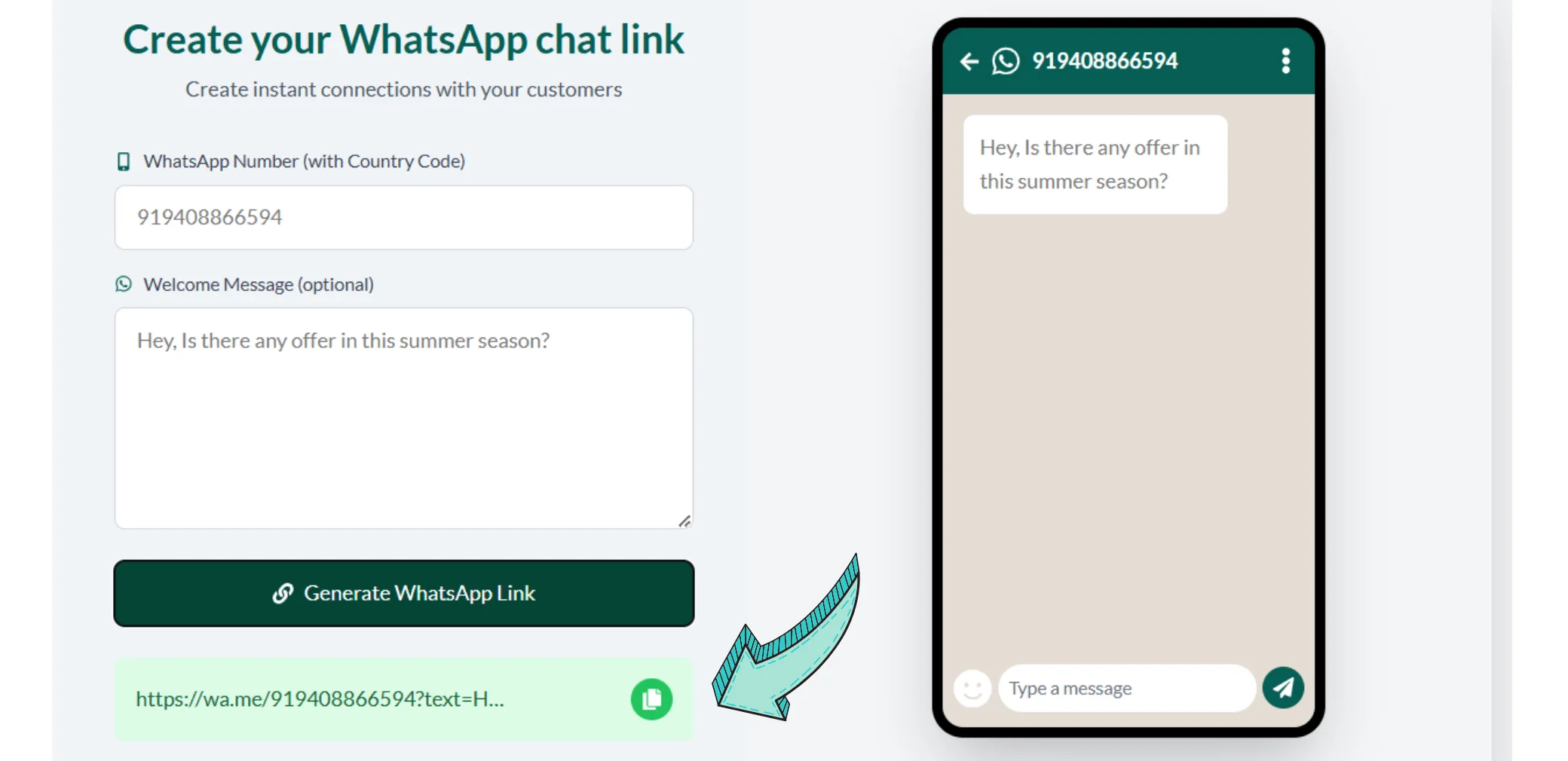WhatsApp Link Generator - Generate Link button